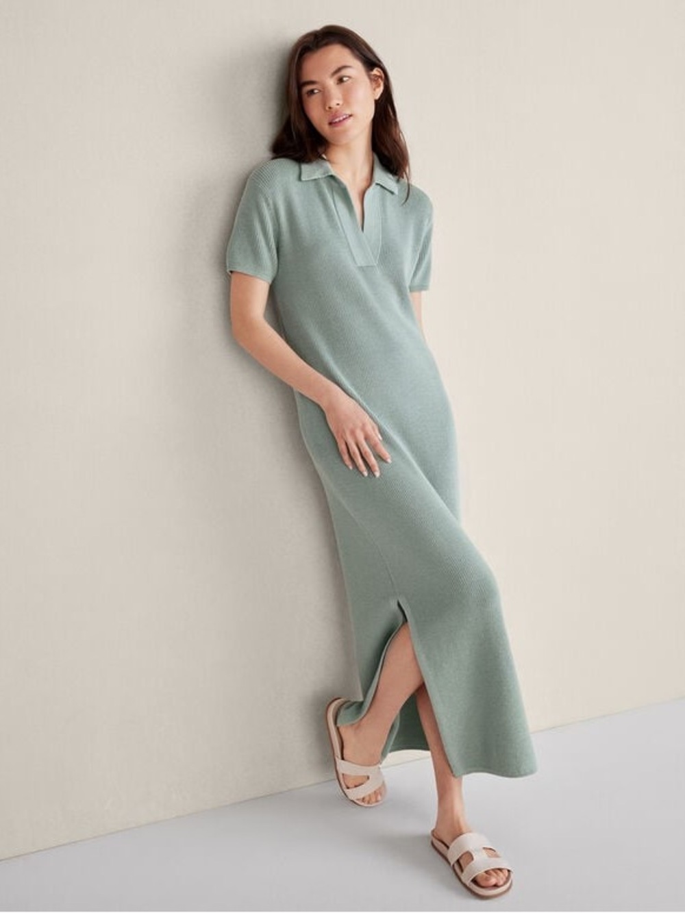 Haven Well Within Sage Green Organic Cotton Ribbed Knit Johnny Collar Midi Dress - Picture 2 of 9